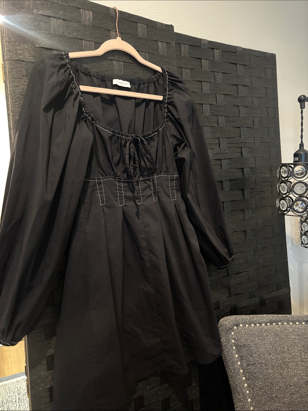 Topshop poplin topstitch tea dress in black
